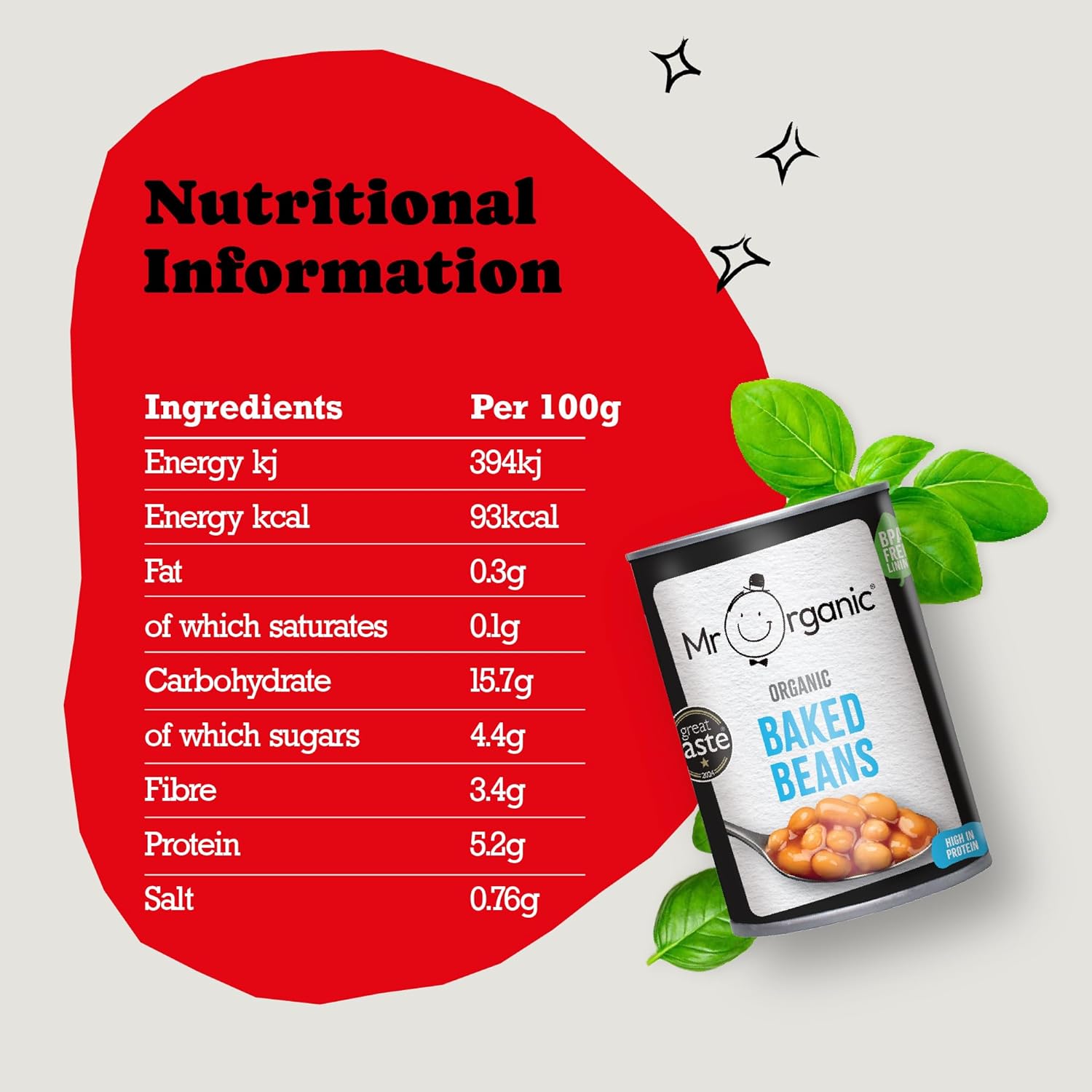Mr Organic Baked Beans Tin 400g nutritional information