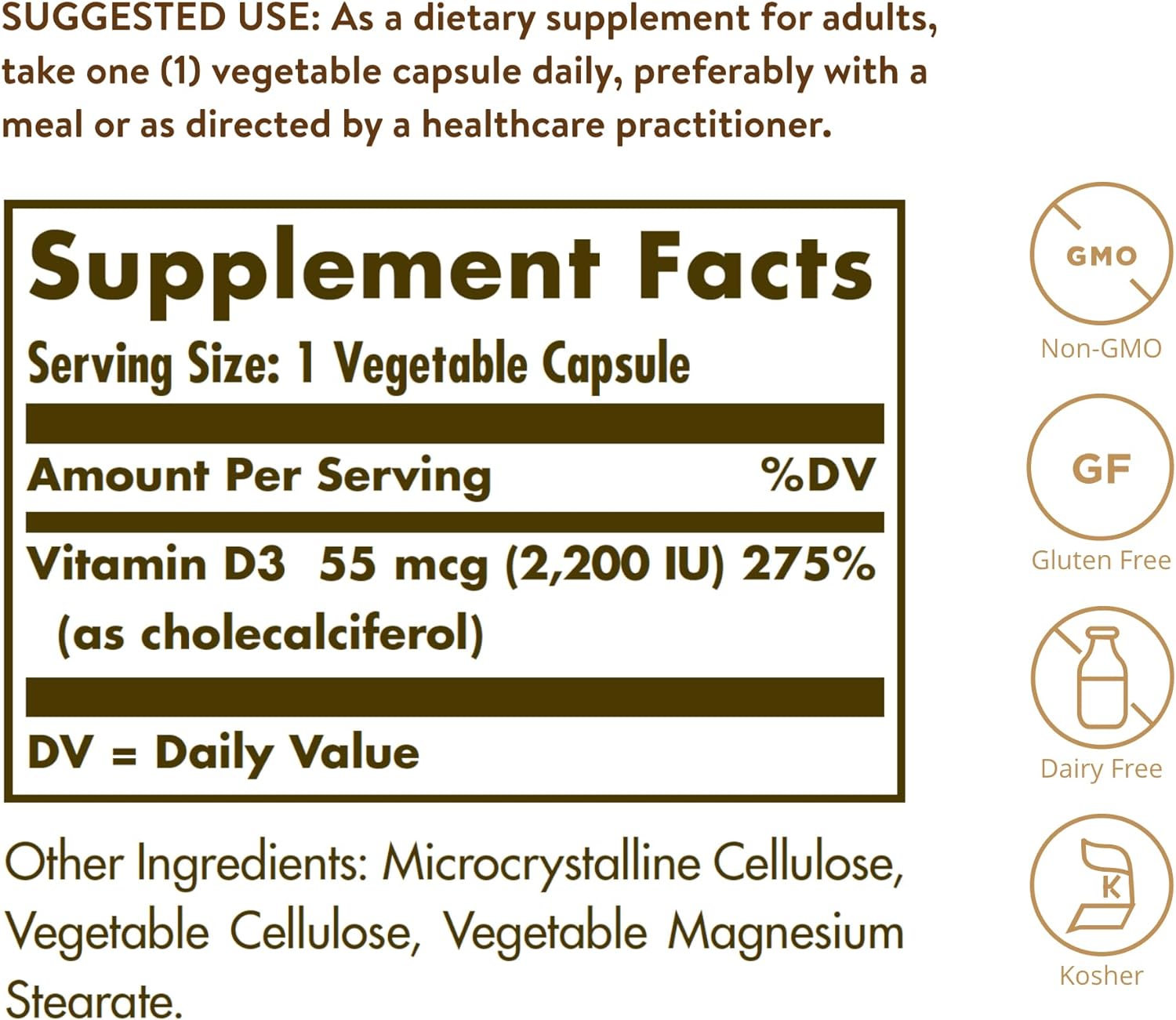 Vitamin D3 (Cholecalciferol) 2200IU (55 µg) - 100 Vegetable Capsules