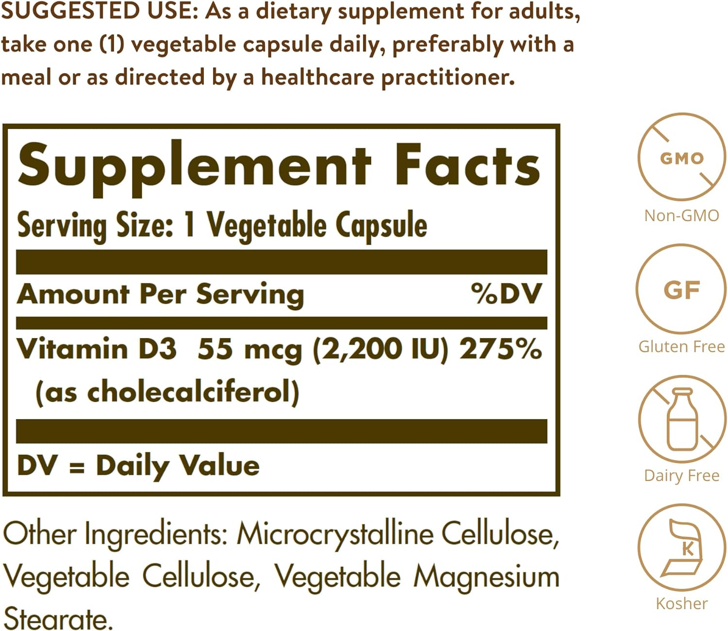 Vitamin D3 (Cholecalciferol) 2200 IU (55 µg) - 50 Vegetable Capsules