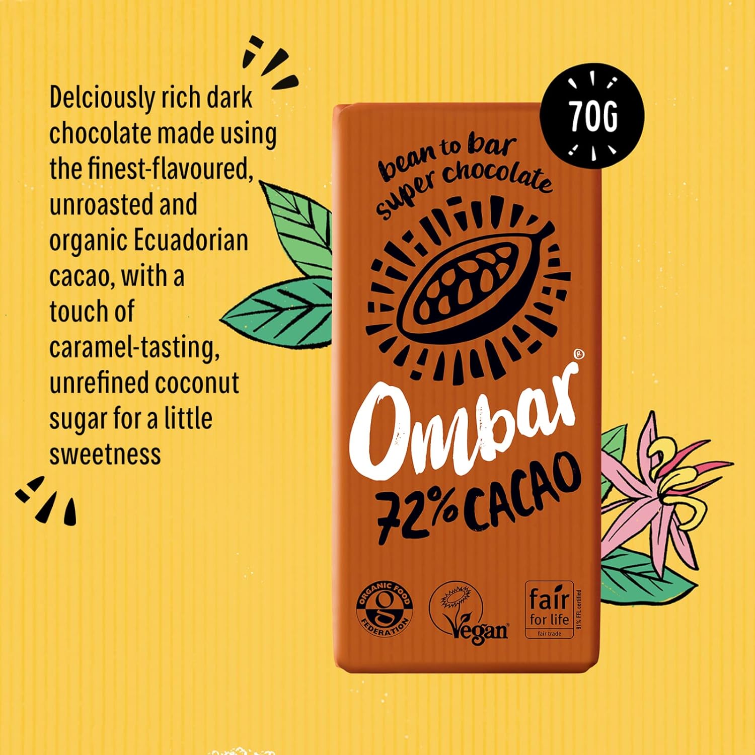 Ombar 72% Cacao Chocolate Bar 72 percent cacao