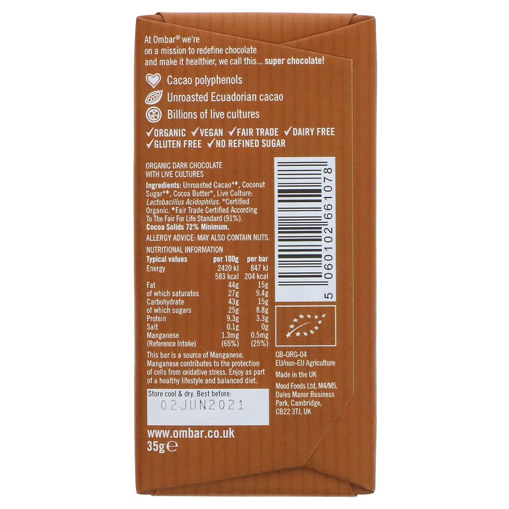 Ombar 72% Cacao Chocolate Bar back of pack