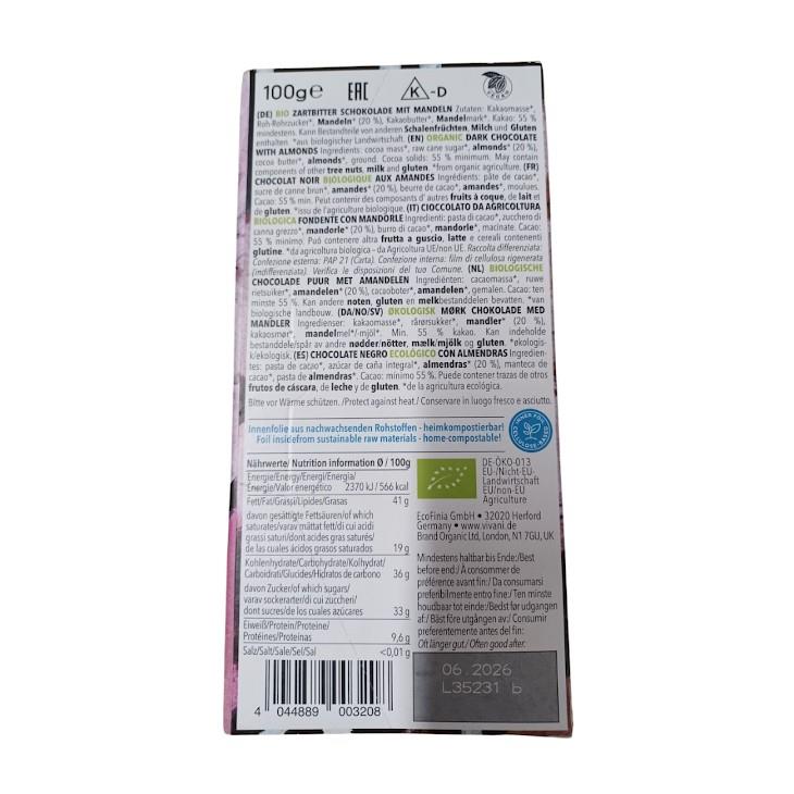 Organic Dark Chocolate 55% with Roasted Almonds 100g