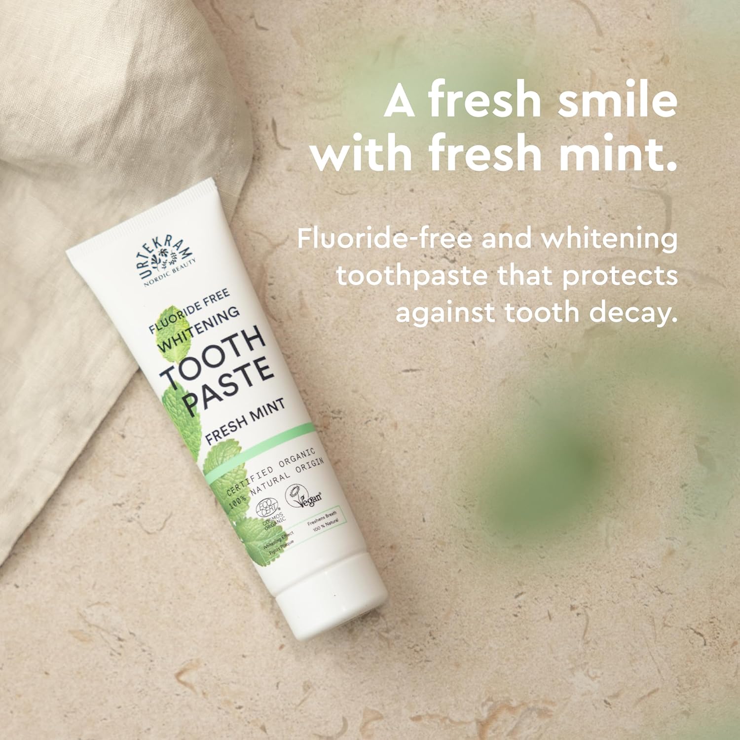 Urtekram Fresh Mint Whitening Toothpaste 75ml protects against tooth decay