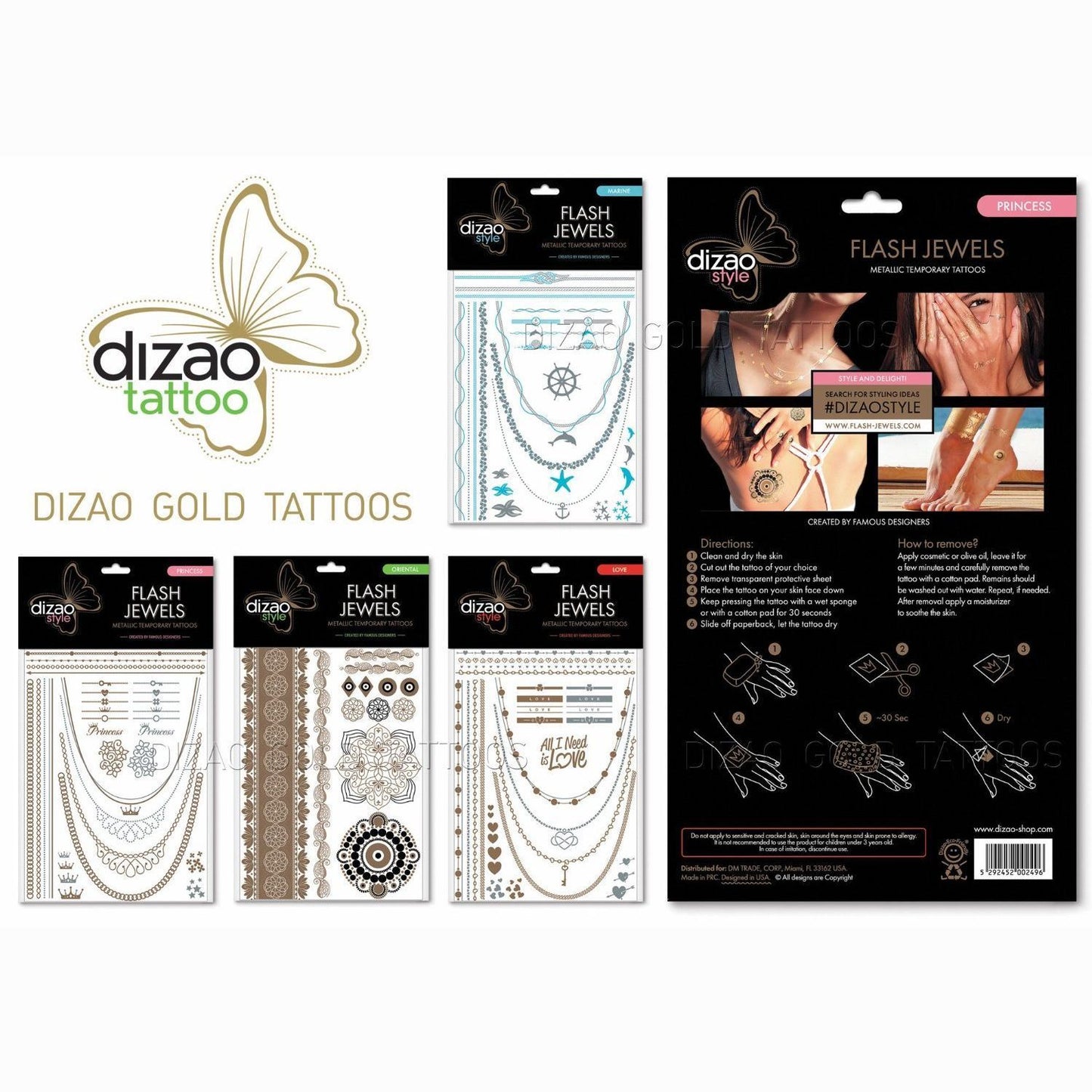 Dizao Style Flash Jewels Gold Metallic Temporary Tattoos Princess