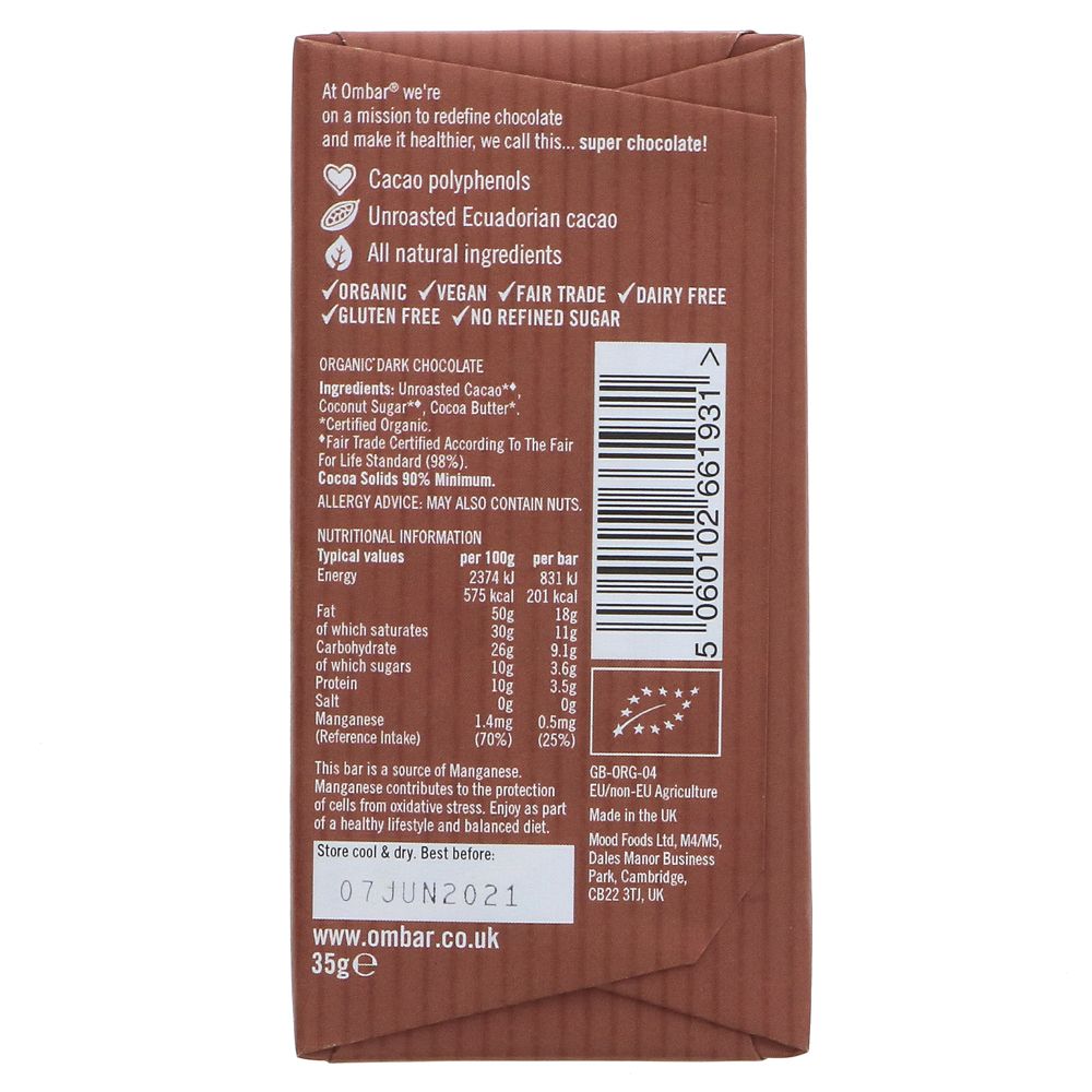 90% Cacao Chocolate Bar 35g - Ombar - Chocolate Bar - Eco Natural Products