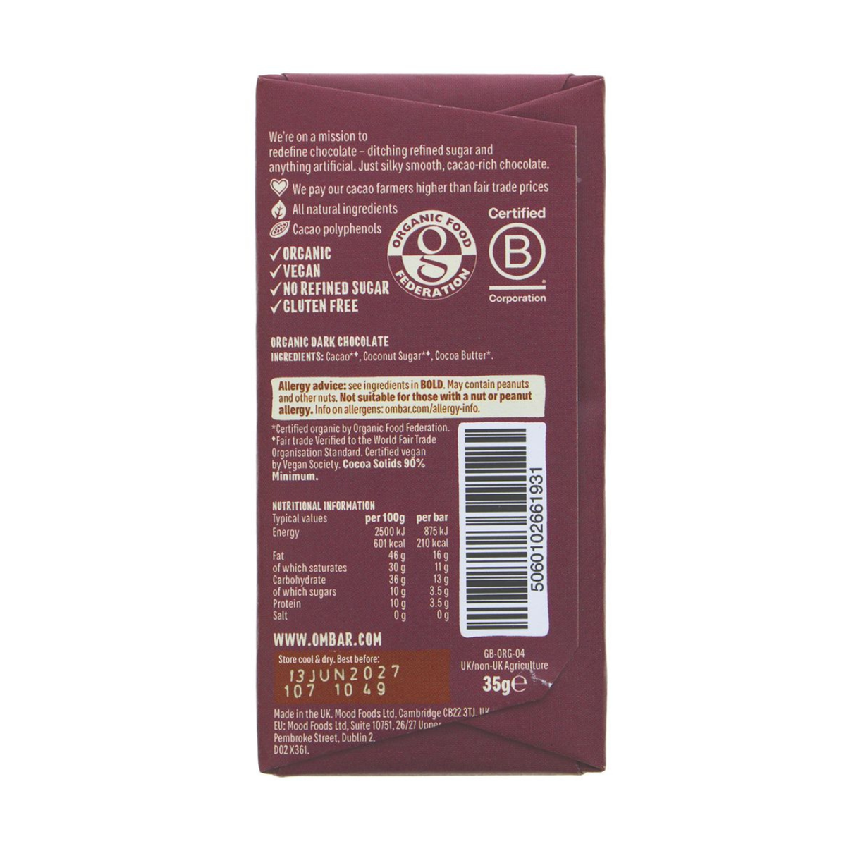 Ombar 90% Cacao Chocolate Bar 35g back packaging