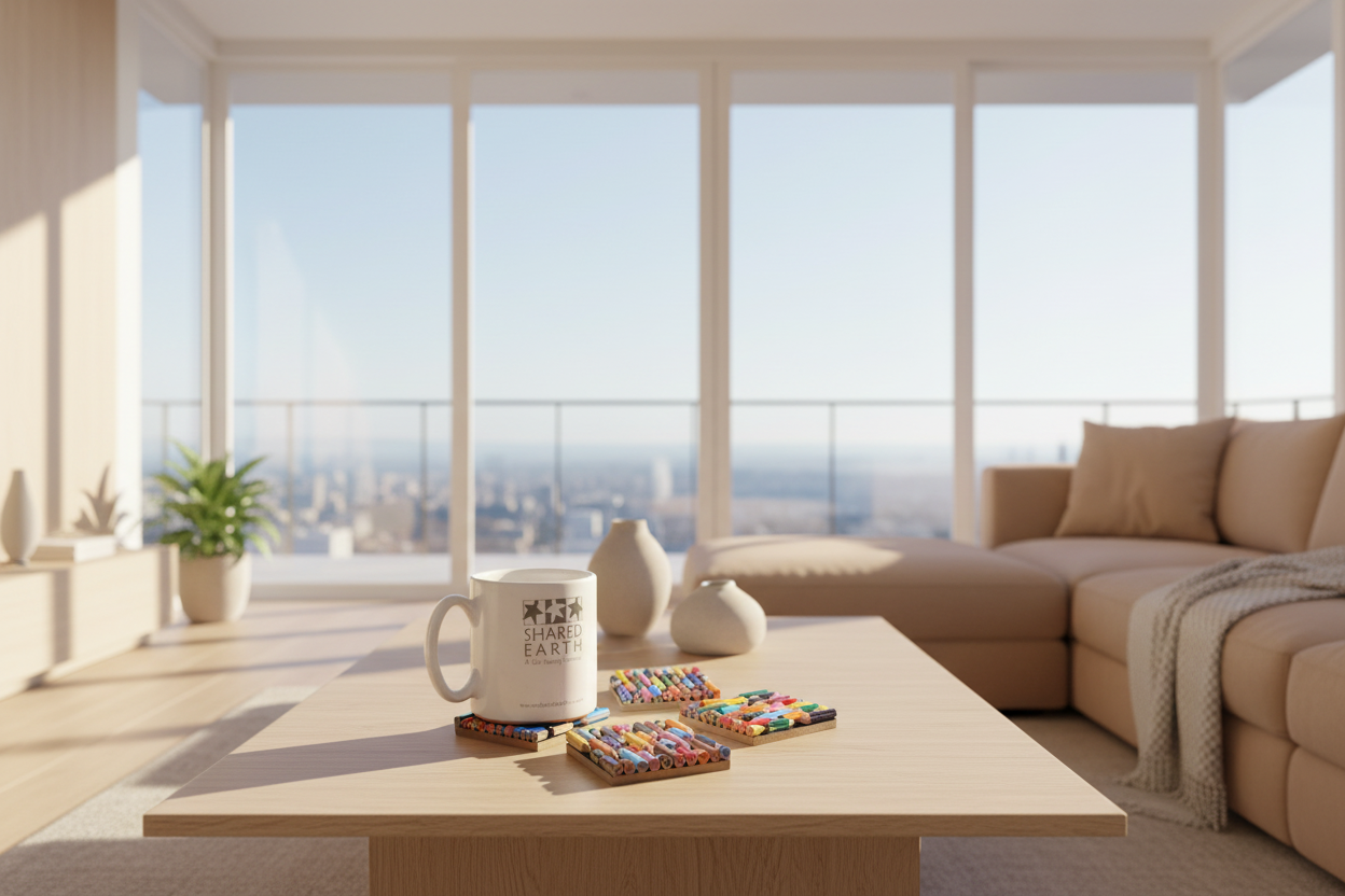 Modern living room with a large window view, coffee table with items, and beige sofa.