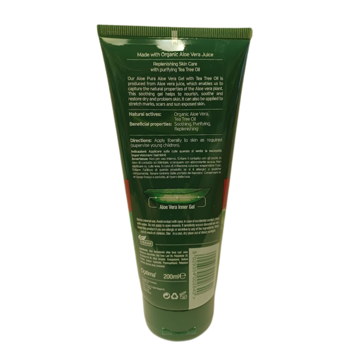 Aloe Pura Aloe Vera Gel & Tea Tree 200ml back packaging