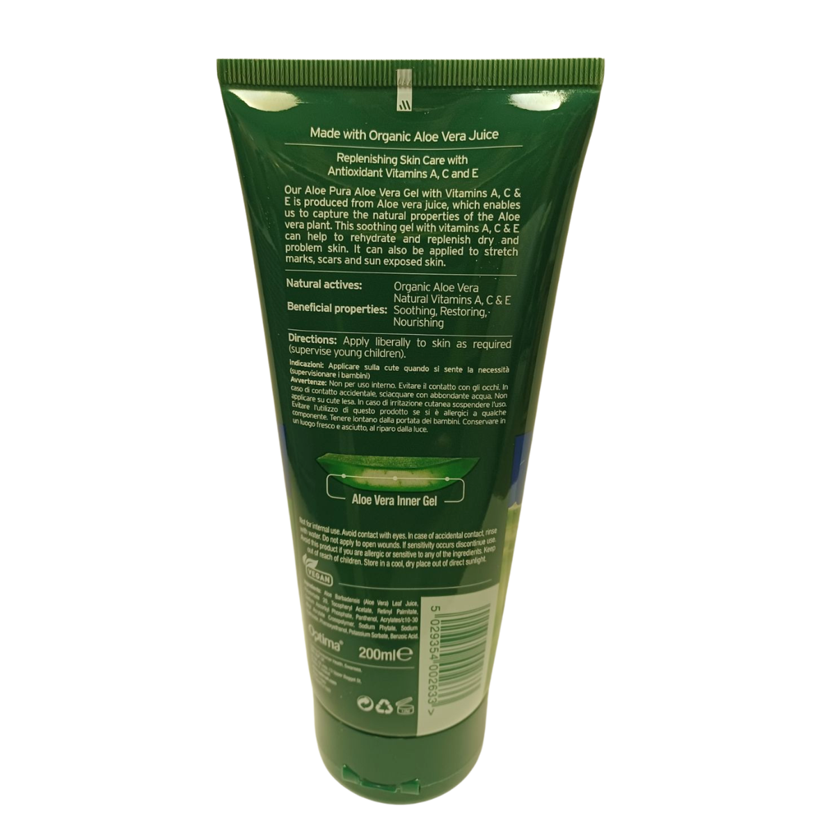 Aloe Pura Aloe Vera Gel & Vitamin A C & E 200ml back packaging 