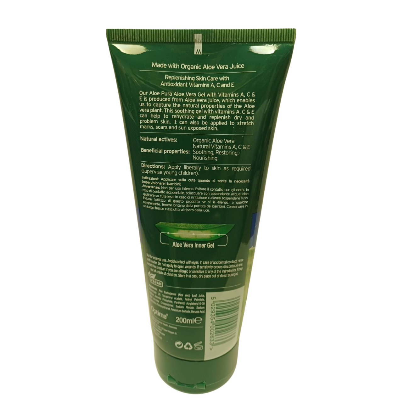 Aloe Pura Aloe Vera Gel & Vitamin A C & E 200ml back packaging 