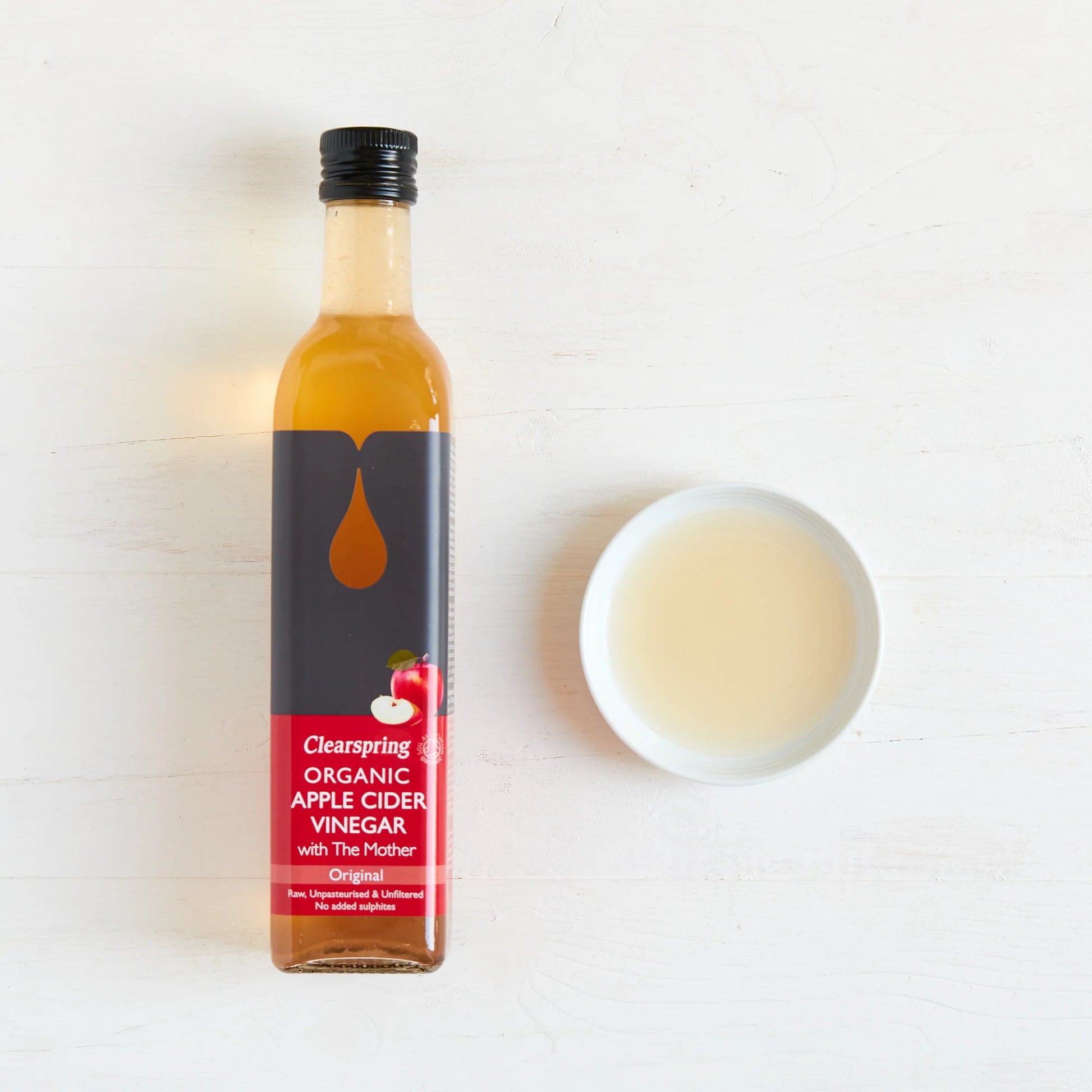 Clearspring Organic Apple Cider Vinegar with The Mother 500ml front packaging with actual product