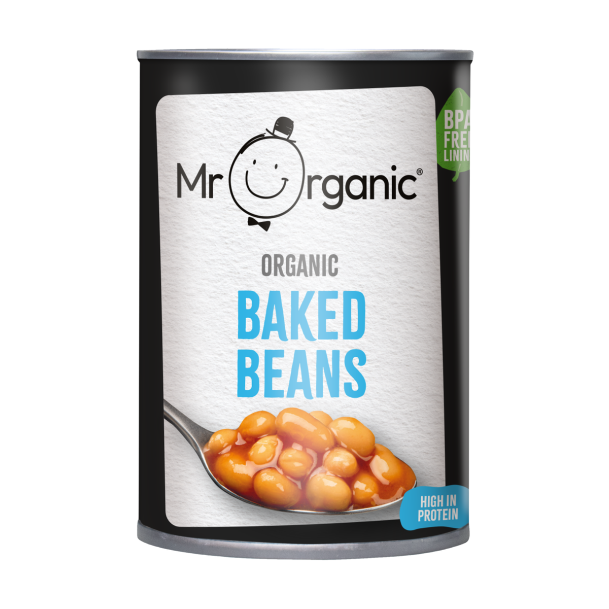 Mr Organic Baked Beans Tin 400g front packaging