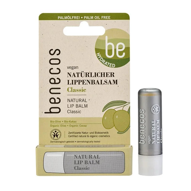 Benecos Vegan Classic Lip Balm 4.7g front packaging and actual product