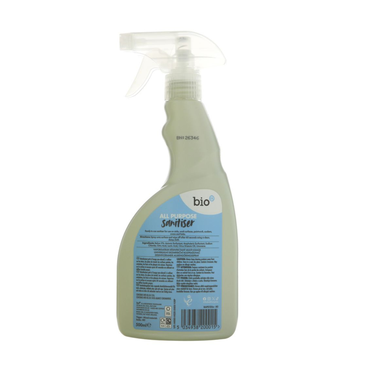 Bio-D All Purpose Sanitiser Spray 500ml back packaging 