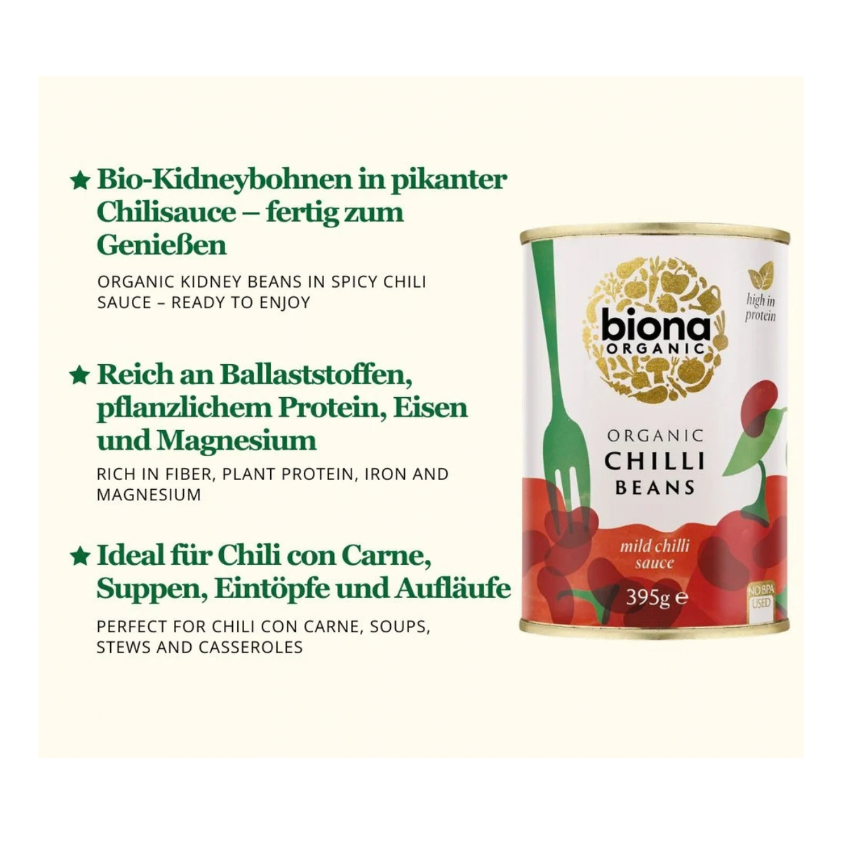 Biona Organic Chilli Beans 395g rick in fiber, plant protein, iron and magnesium
