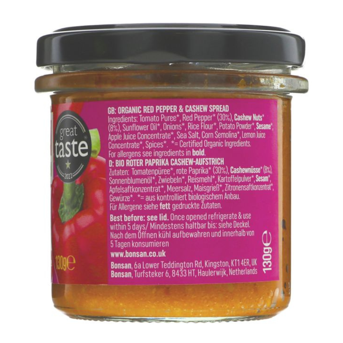 Bonsan Organic Cashew and Bell Pepper Vegan Pate 130g ingredients