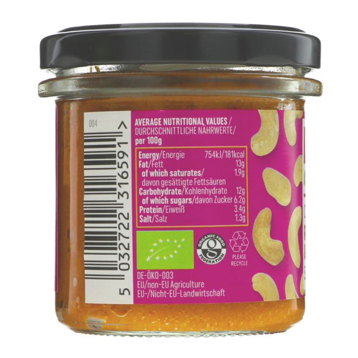 Bonsan Organic Cashew and Bell Pepper Vegan Pate 130g nutritional values 