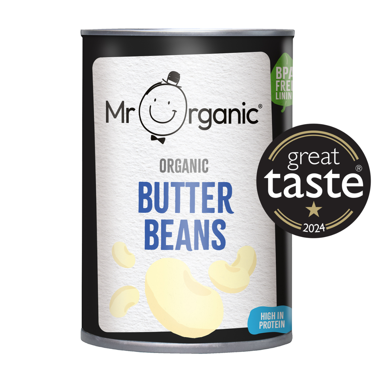Mr Organic Butter Beans Tin 400g front packaging
