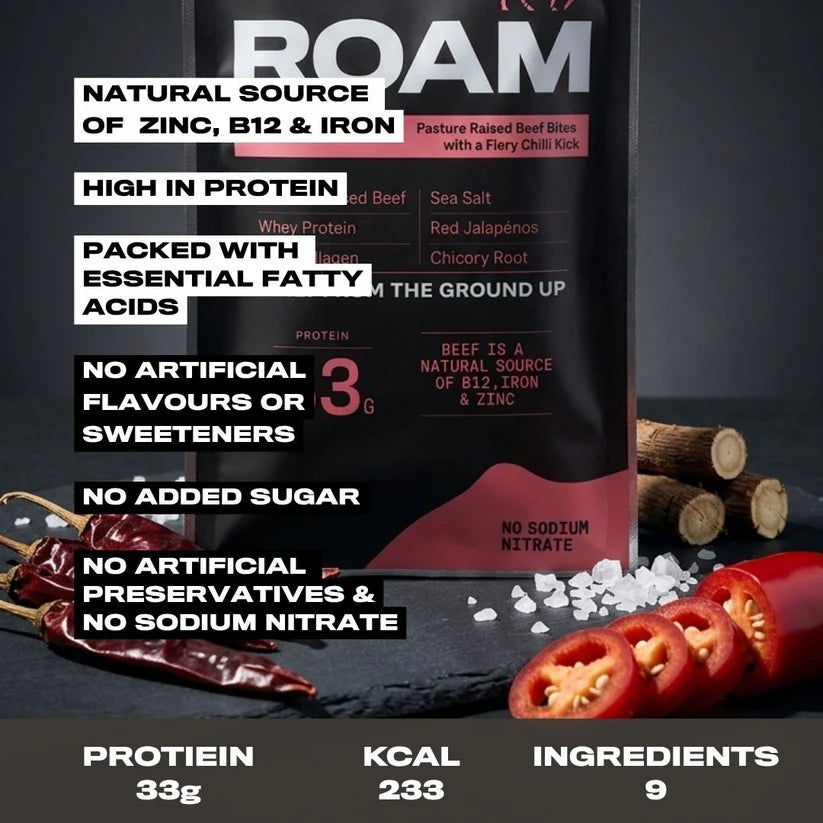 Roam Beef Bites Jalapeño Chilli 70g ingredients + benefits natural source of zinc, b12, iron