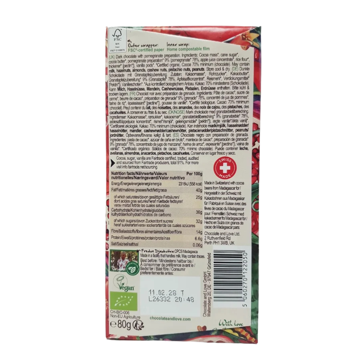 Chocolate and Love Dark Chocolate & Pomegranate 70% 80g back packaging 