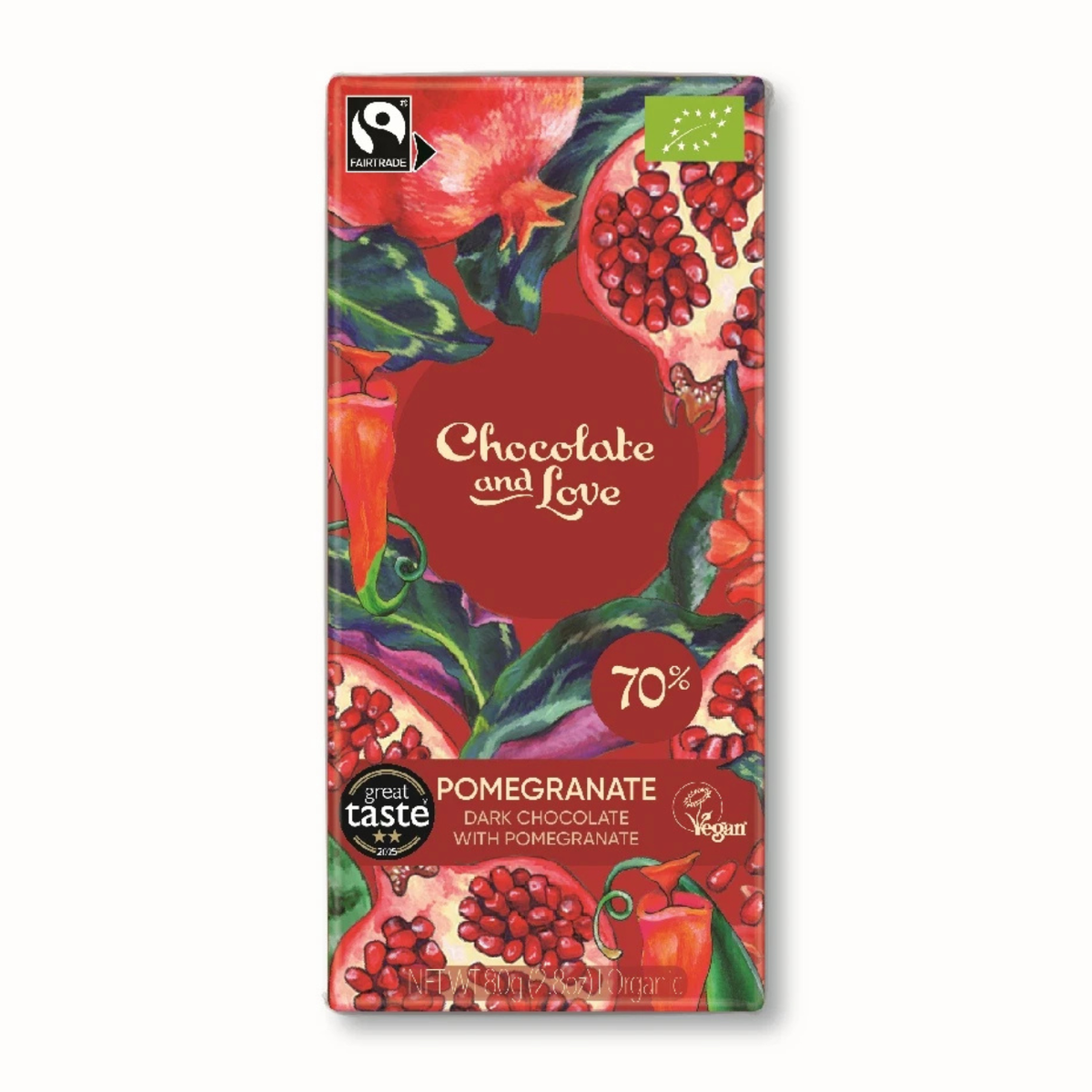 Chocolate and Love Dark Chocolate & Pomegranate 70% 80g front packaging 