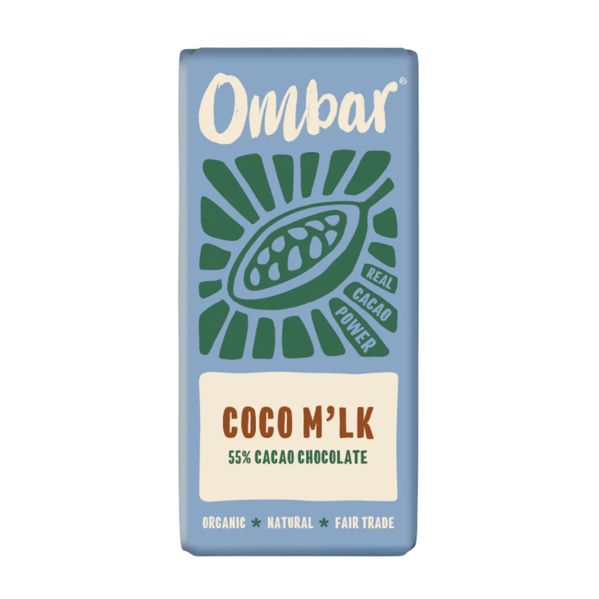 Ombar Coco Milk 55% Cacao Chocolate Bar 70g front packaging