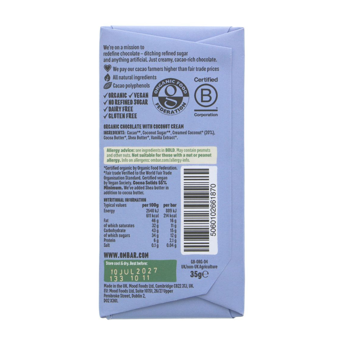 Ombar Coco Milk 55% Cacao Chocolate Bar 70g back packaging