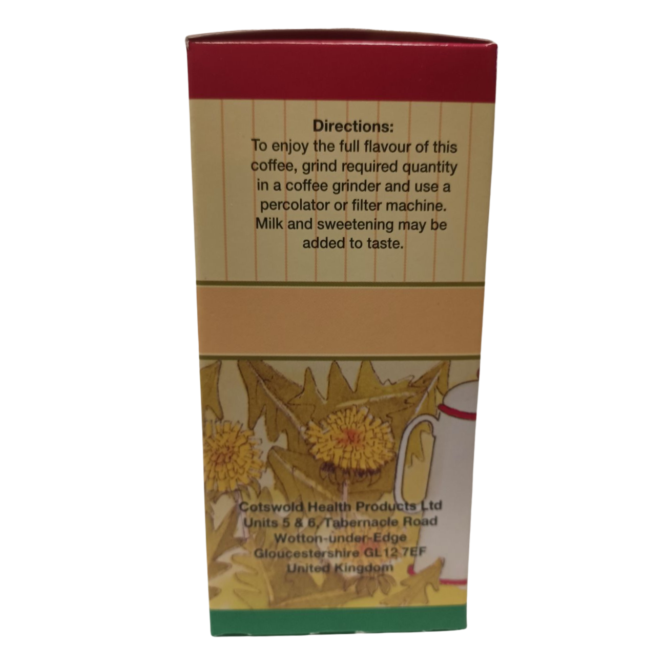 Cotswold Health Products Dandelion Coffee 100g/200g ingredients side packaging 2