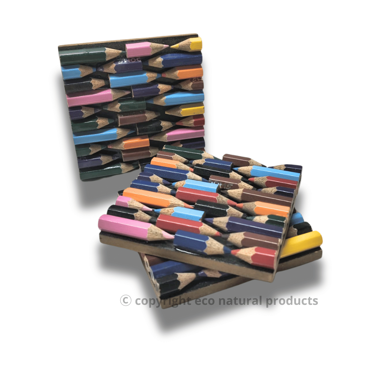 Colorful pencil patterned coasters on a white background with 'eco natural products' branding.