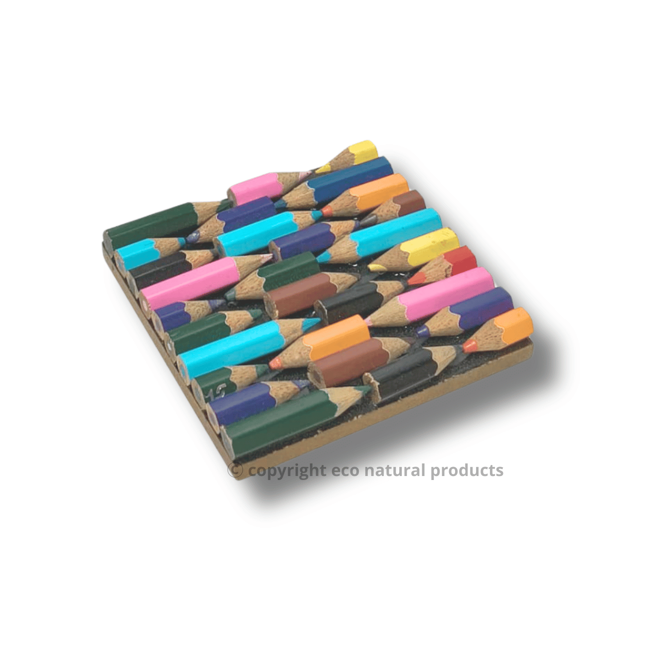 Stack of multicolored pencils on a white background with 'copyright eco natural products' text.