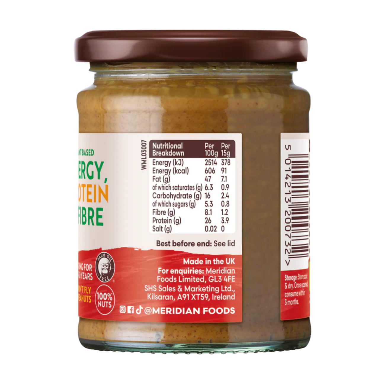 Meridian Crunchy Peanut Butter 100% 280g side 2 packaging