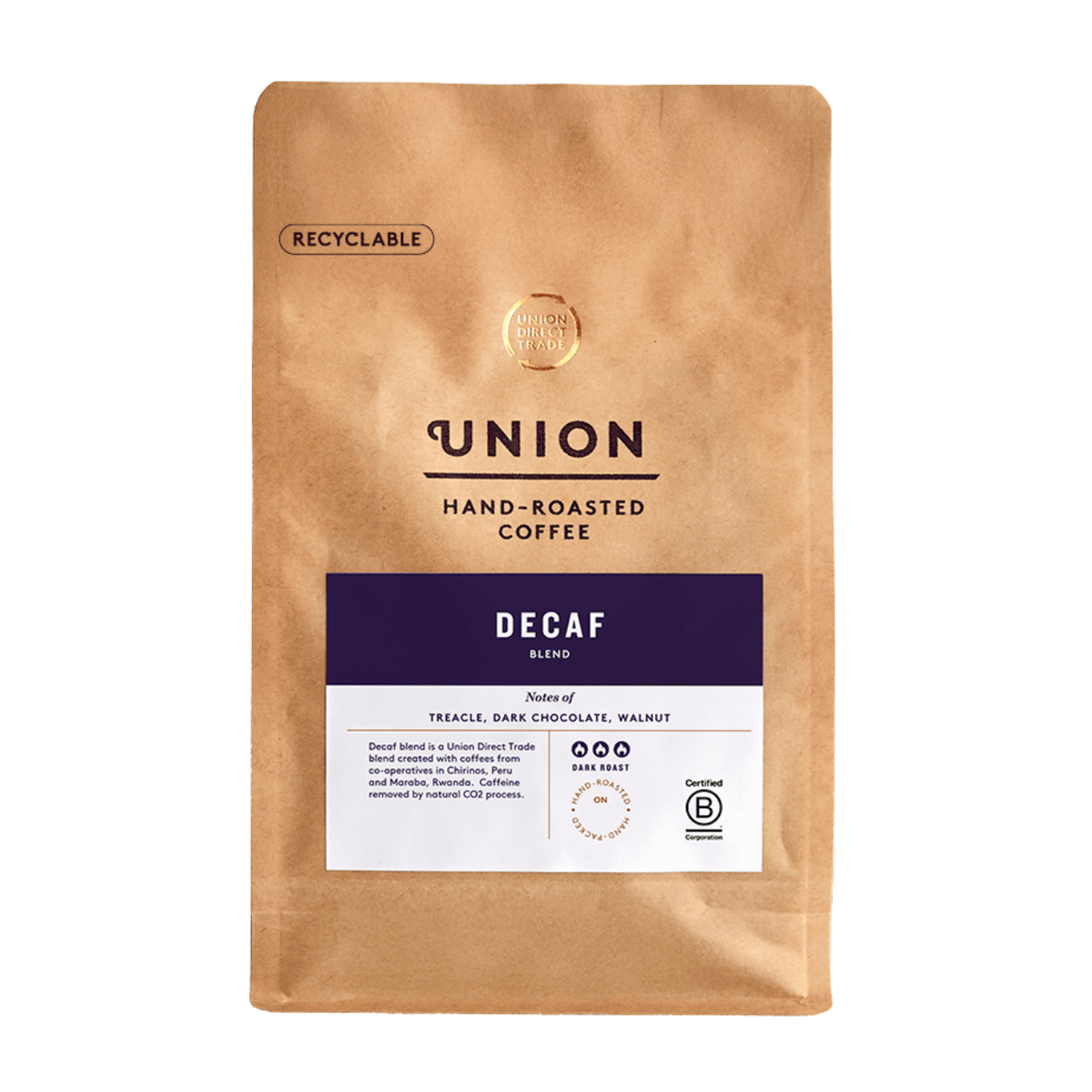 Union Roasted Coffee Decaf Cafetiere Grind 200g front packaging