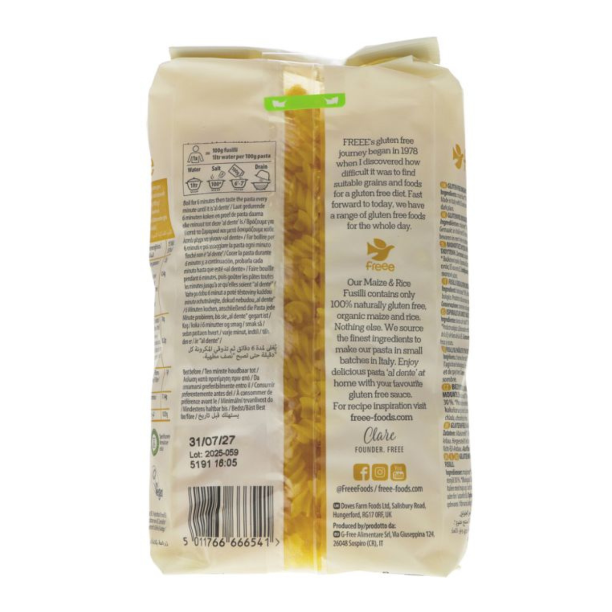  Doves Farm Freee Organic Maize and Rice Fusilli Gluten Free Pasta 400g back packaging