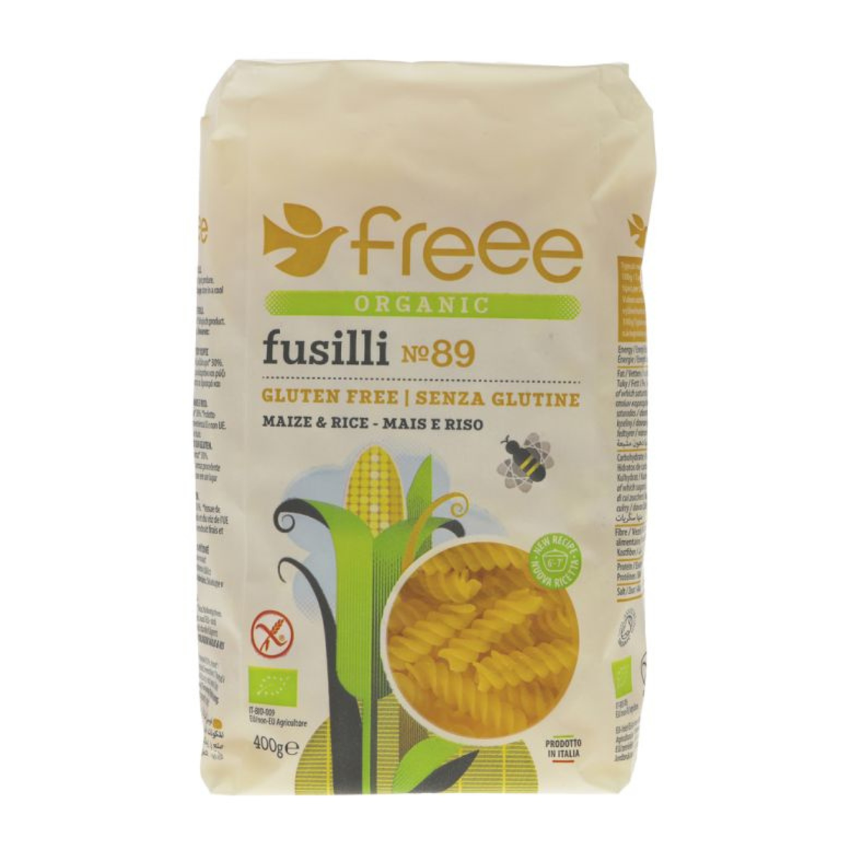  Doves Farm Freee Organic Maize and Rice Fusilli Gluten Free Pasta 400g front packaging