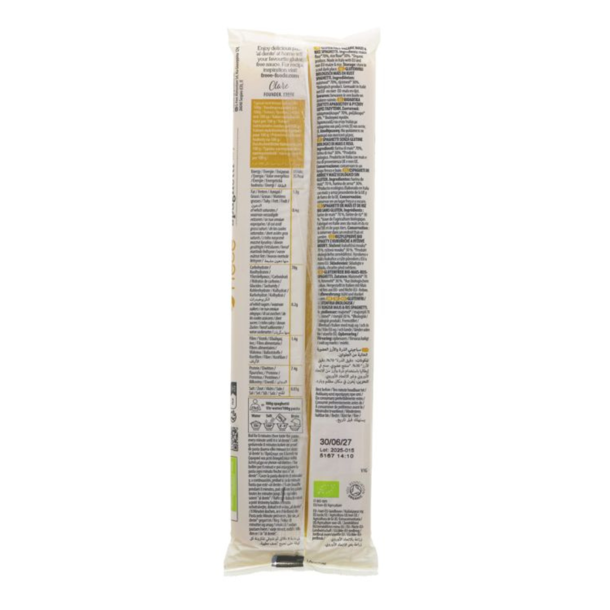 Doves Farm Freee Organic Maize and Rice Spaghetti Gluten Free Pasta 400g back packaging 