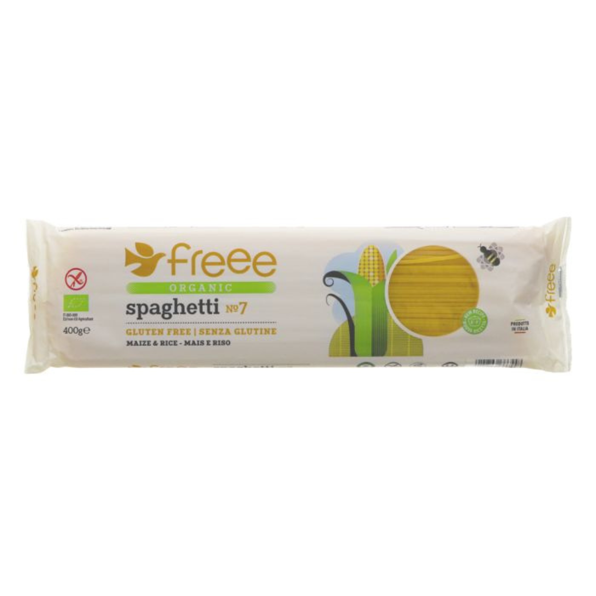 Doves Farm Freee Organic Maize and Rice Spaghetti Gluten Free Pasta 400g front packaging 