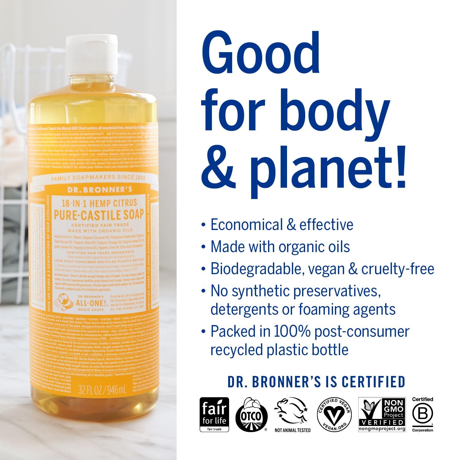 Dr Bronner Citrus-Orange All-One Magic Soap 945ml certifications