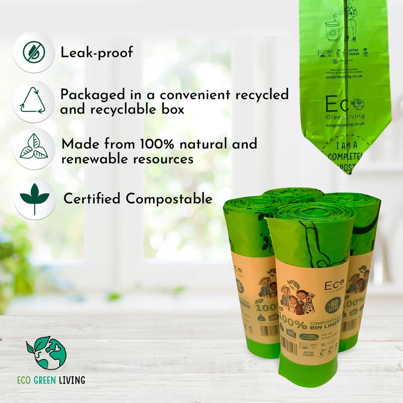 Eco Green Living Compostable Bin Bags 60L roll