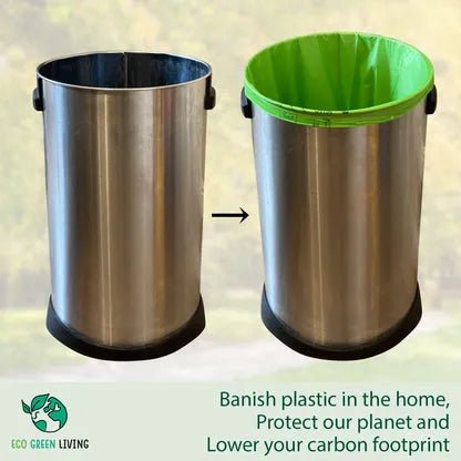 Eco Green Living Compostable Bin Bags 60L roll placed on a bin