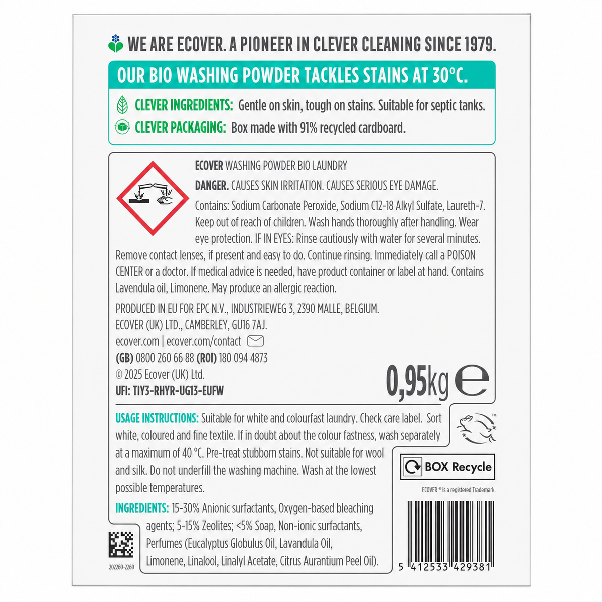 Ecover Non-Bio Washing Powder 950g/1.8kg back packaging