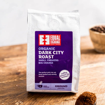 Equal Exchange Dark City Roast Ground Coffee 200g – Lifestyle image