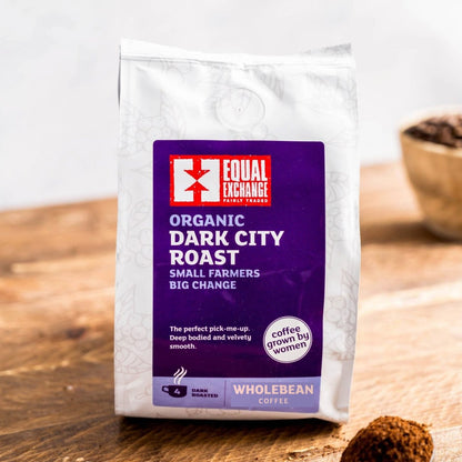 Equal Exchange Organic Dark City Roast Coffee Beans 200g – lifestyle image