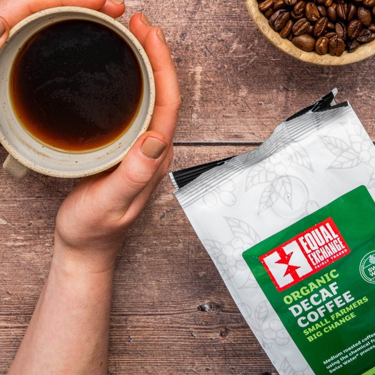 Equal Exchange Organic Decaffeinated Ground Coffee 200g – lifestyle image