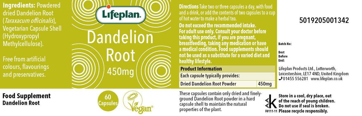 Dandelion Root 450mg 60 Capsules - Lifeplan (alternate pack shot)