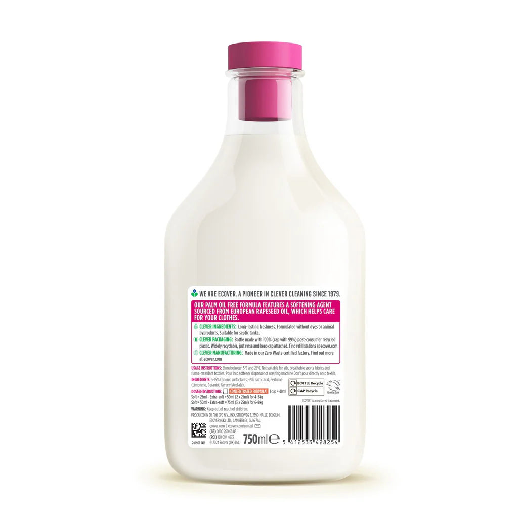 Ecover Apple Blossom & Almond Fabric Softener 30 Washes 750ml back packaging