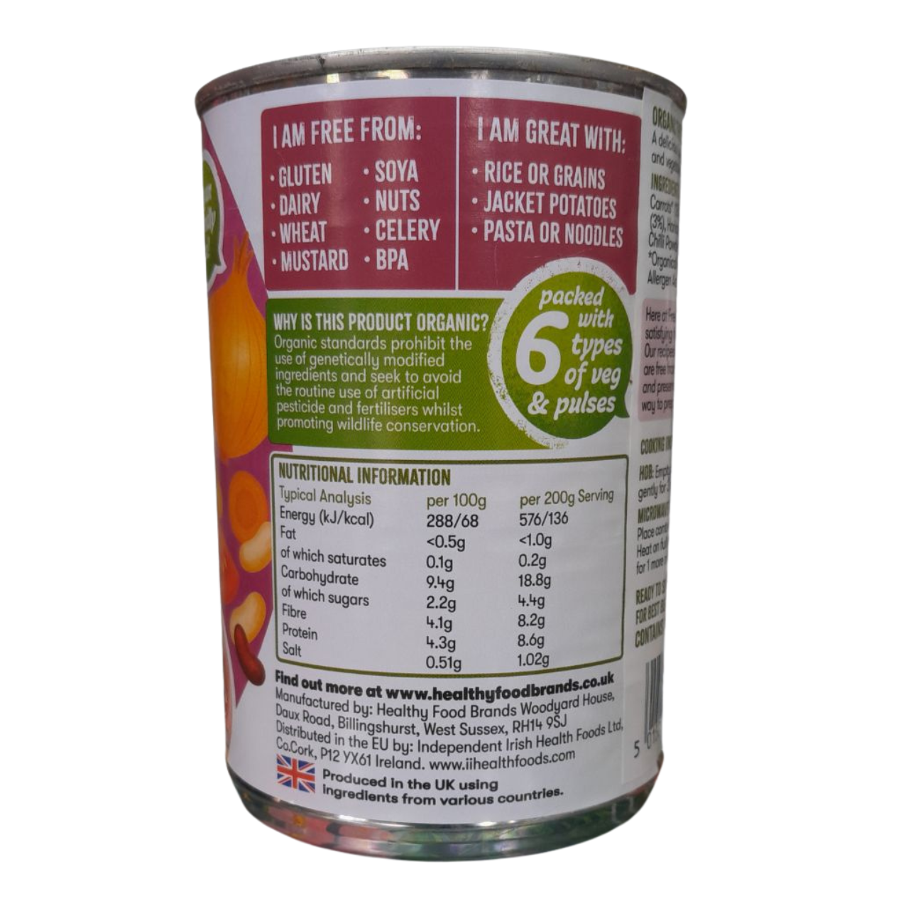 Free & Easy Organic Three Bean Chilli 400g back packaging