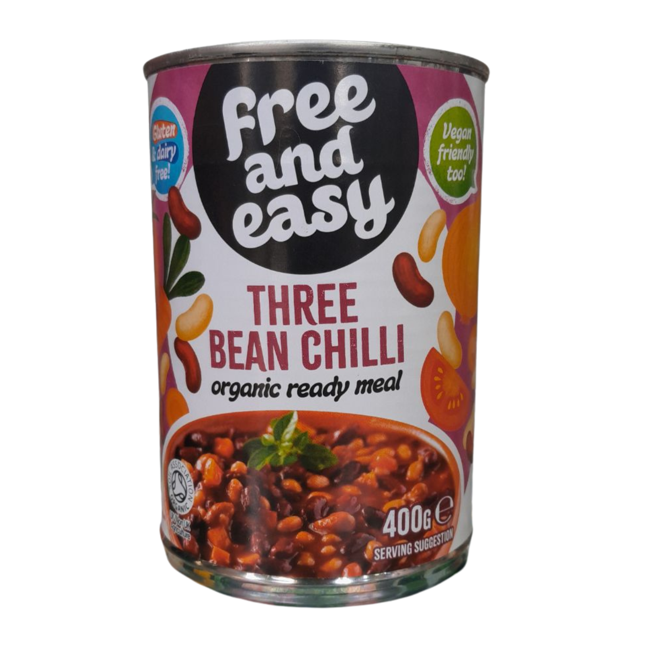 Free & Easy Organic Three Bean Chilli 400g front packaging