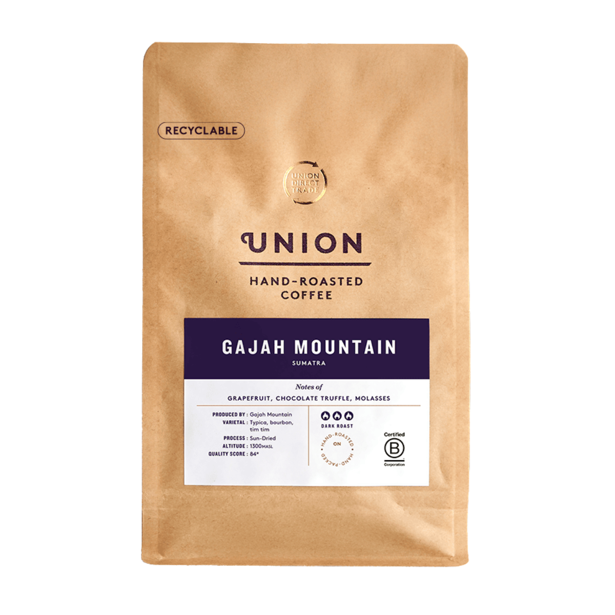 Union Roasted Coffee Gajah Mountain Sumatra Wholebean Coffee 200g front packaging
