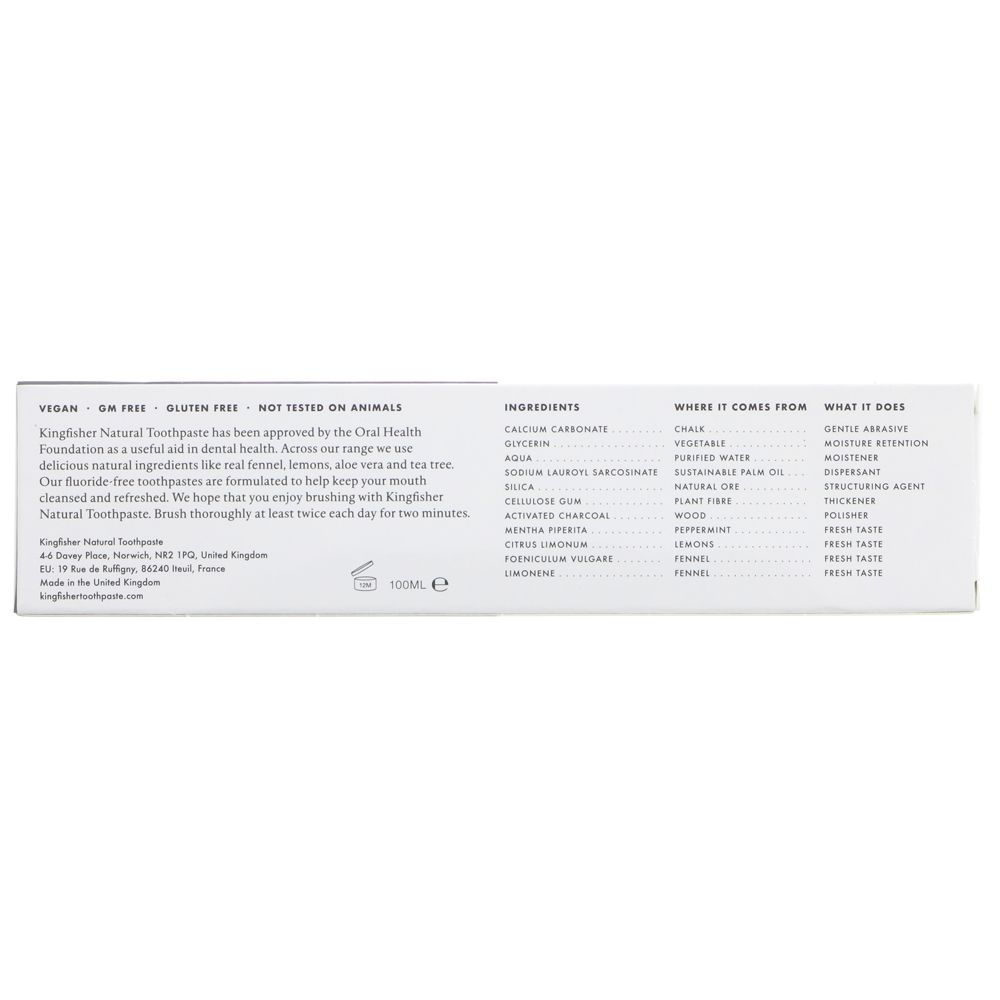 Kingfisher Natural Charcoal Toothpaste 100ml back box packaging