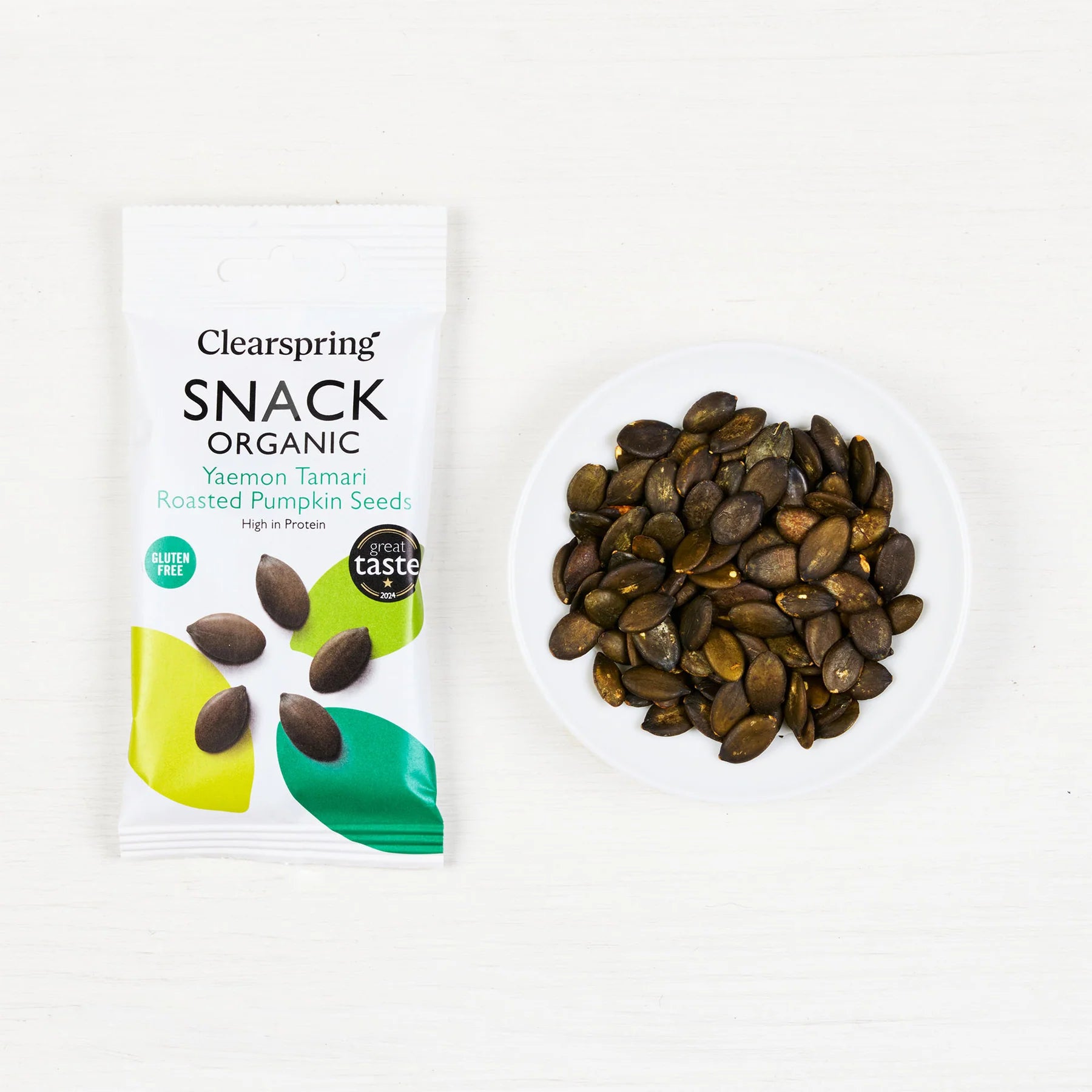 Clearspring Organic Tamari Roasted Pumpkin Seeds Snack 30g  packaging and actual product